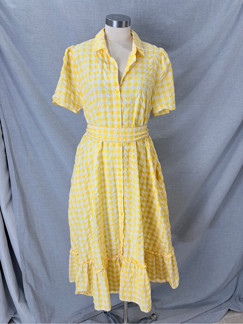 Lisa Marie Fernandez Yellow Gingham Button-Front Midi Dress XL